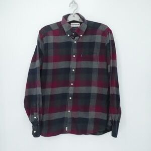 Barbour Shirt Mens Medium Burgundy Plaid Flannel Tailored Fit Casual Soft